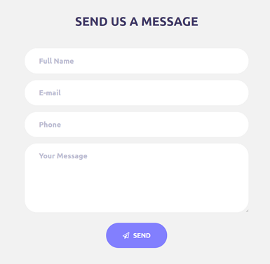 An empty contact form with fields for name, email, phone, and message.
