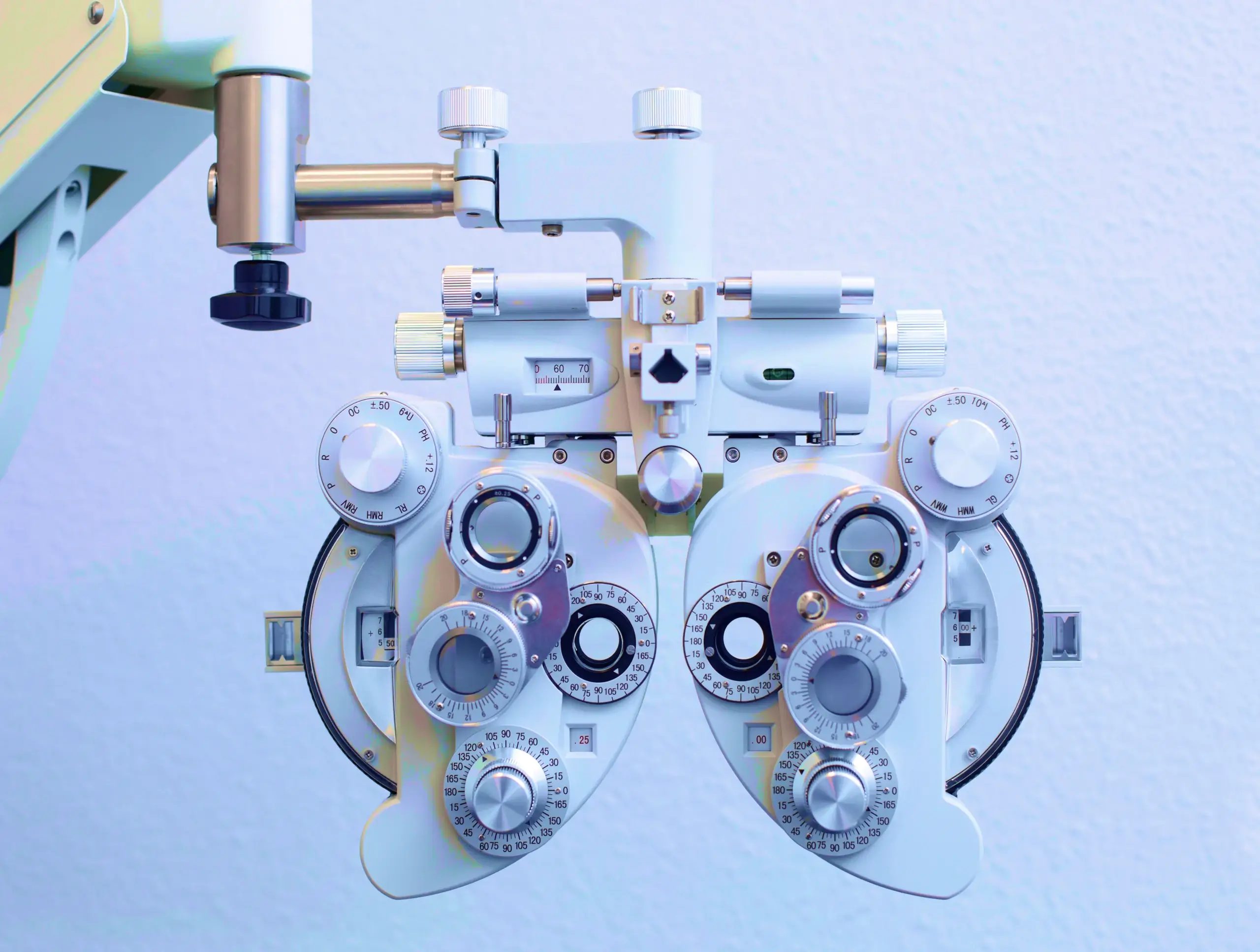 Close-up of an optometry phoropter for eye exams.